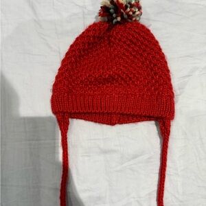Zara Red Knit Earflap Hat with Multicolor Pom